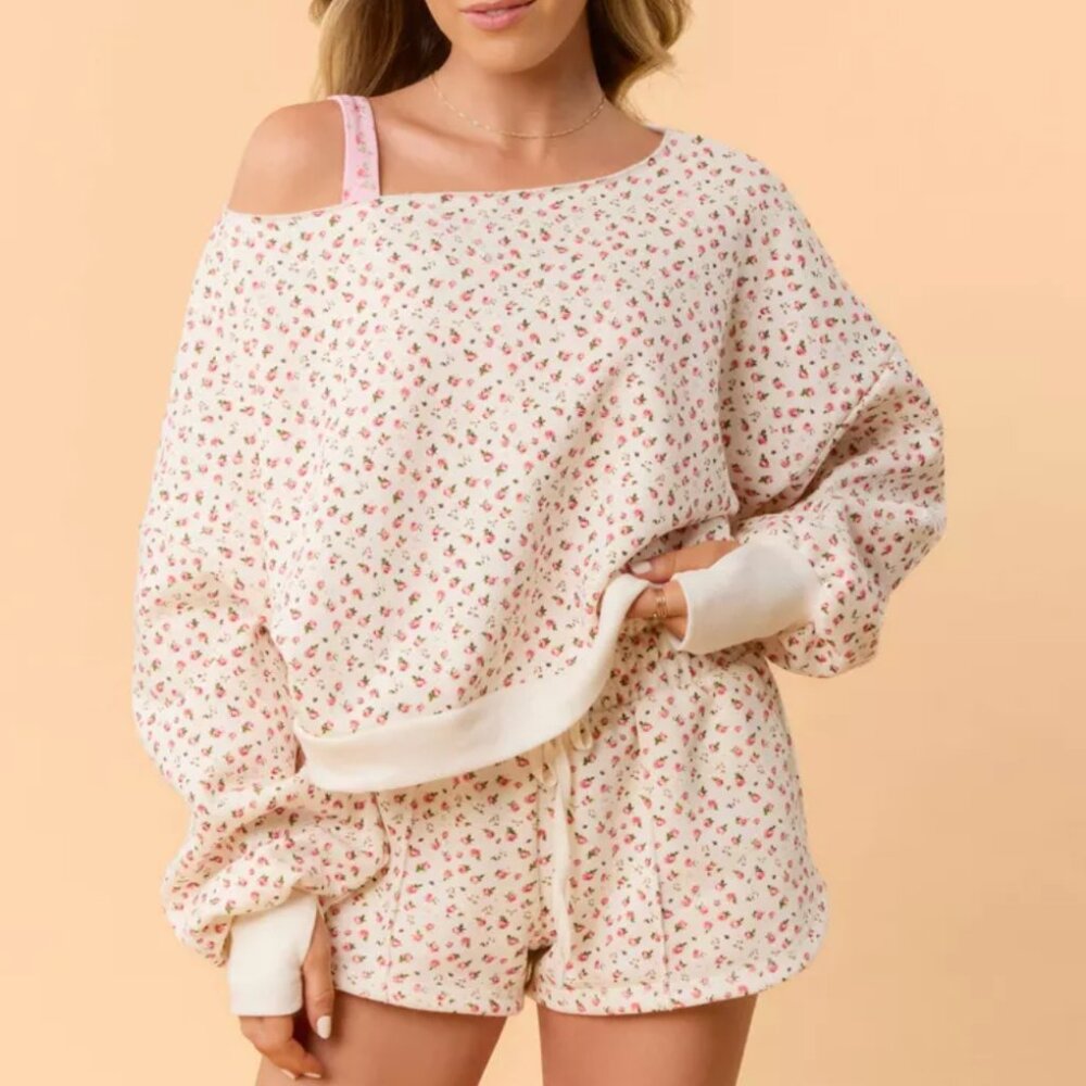 NWT Set Blogilates Off the Shoulder Sweatshirt and Dolphin Shorts-  Cream Floral